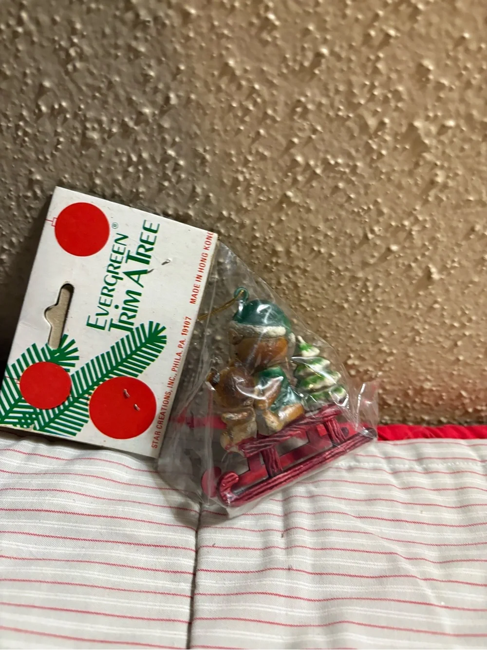 Vintage Holiday Bear Sled Ornament with Tree - Red & Green made in Hong Kong